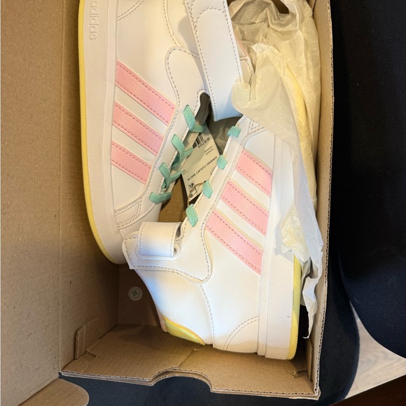 NWT Adidas Kids High-Top Sneakers - White, Pink, and Mint - Picture 2 of 4